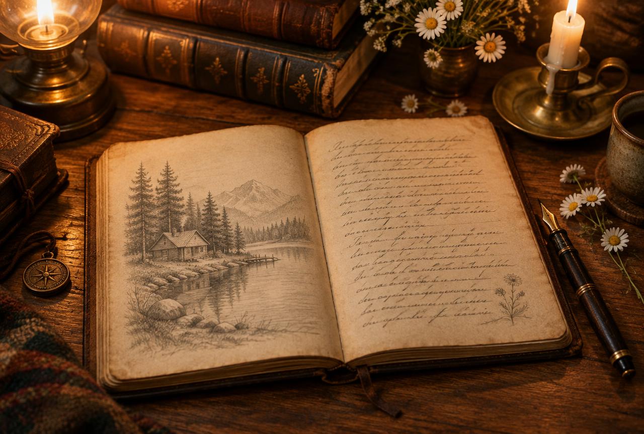 An open journal with a pencil sketch of a lakeside cabin and handwritten pages, a fountain pen beside it