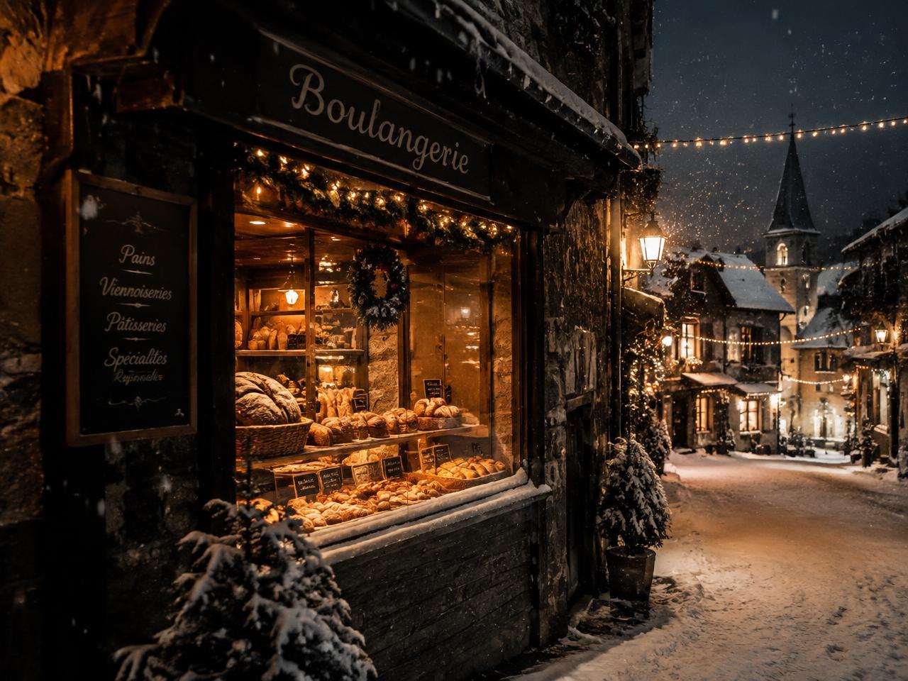 A glowing village bakery window full of bread on a snowy street strung with Christmas lights