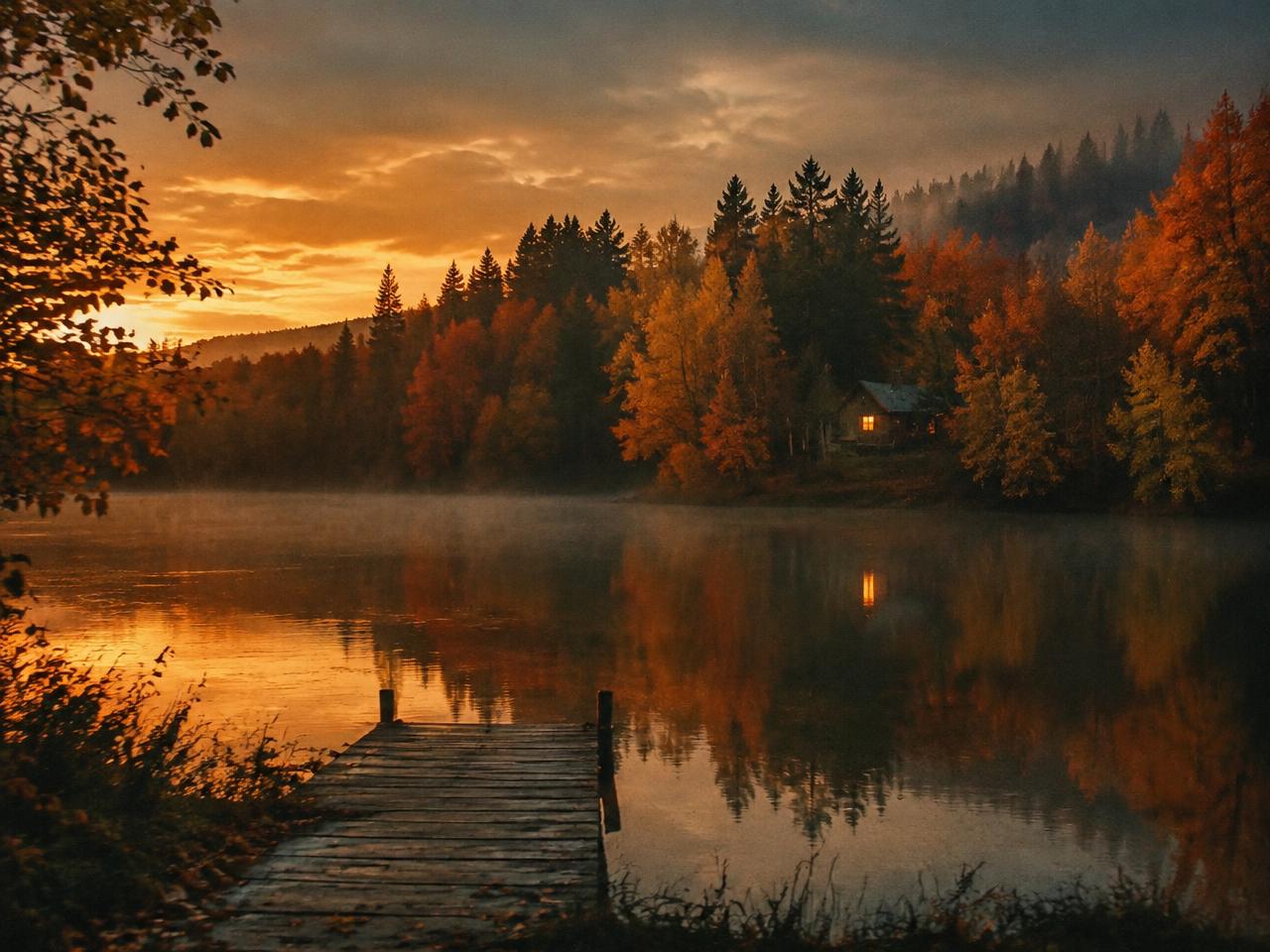 An autumn lake at sunset with a wooden dock and a single lit cabin window among orange trees