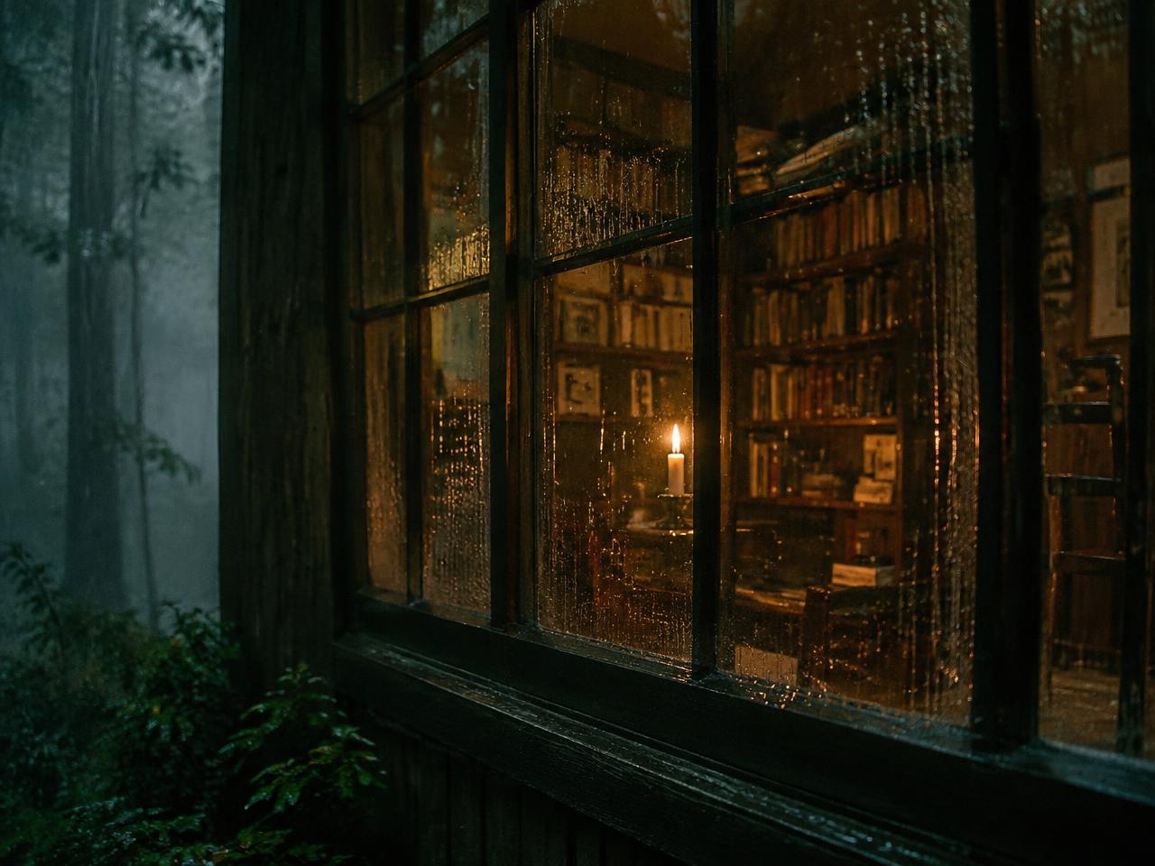 A rain-streaked window of a wooden forest library with a single candle glowing among the shelves