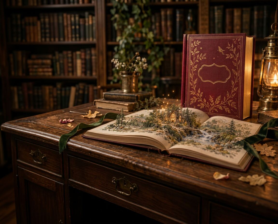 A burgundy clothbound book with gold botanical detailing beside an open book where a tiny woodland cabin rises from the pages, lit by a brass lantern